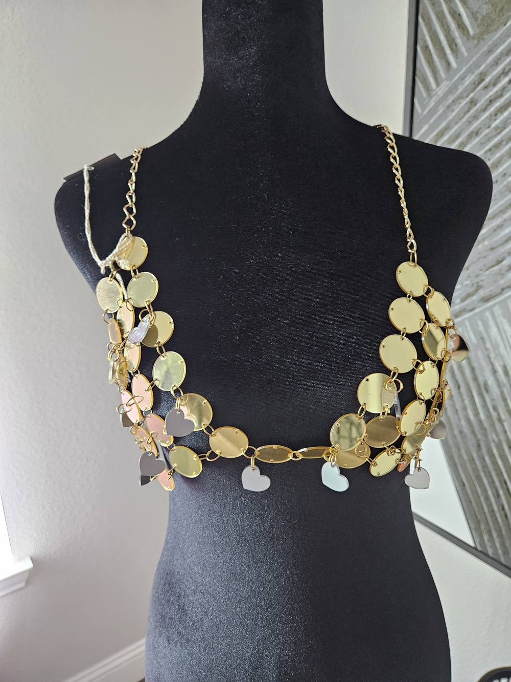 Gold Mirror Disc Heart Dangle Statement Bralette
